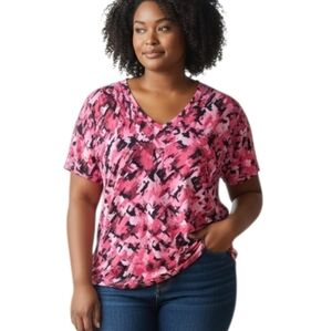JMS easy dressing raspberry tart printed pleated v neck plus size top 2X